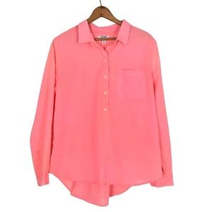 Old Navy Pink Neon Swiss Dot Popover Top Long Sleeve Semi Sheer Button Blouse L
